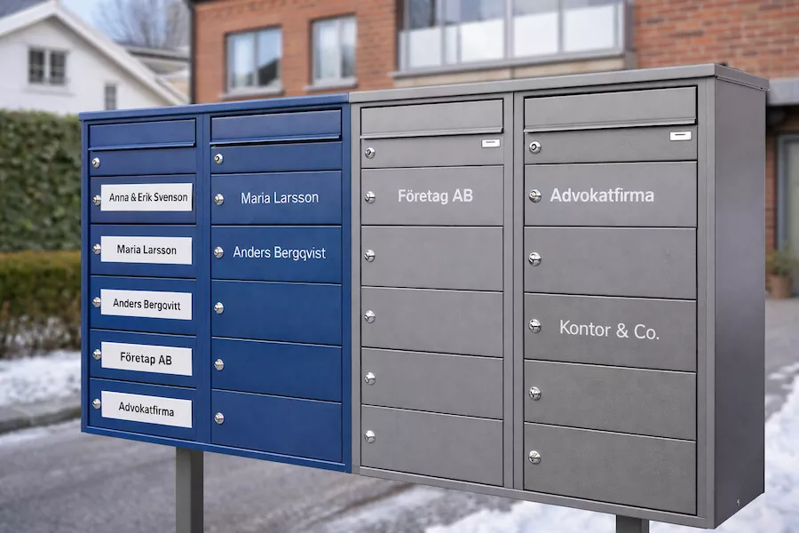 Postboxar för privatpersoner och företag – organiserad rad med namnmärkta boxar i blått och grått för smidig posthantering i bostads- och kontorsområde.